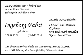 Traueranzeige von Ingeborg Pabst von Mannheimer Morgen
