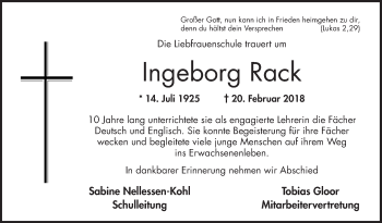 Traueranzeige von Ingeborg Rack von Bergsträßer Anzeiger