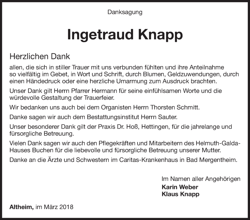  Traueranzeige für Ingetraud Knapp vom 10.03.2018 aus Fränkische Nachrichten