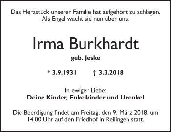 Traueranzeige von Irma Burkhardt von Schwetzinger Zeitung