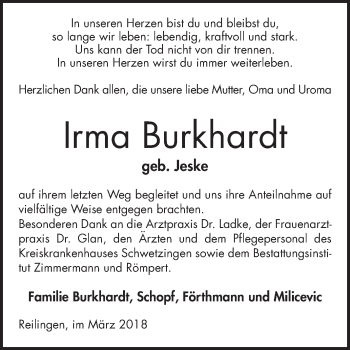 Traueranzeige von Irma Burkhardt von Schwetzinger Zeitung