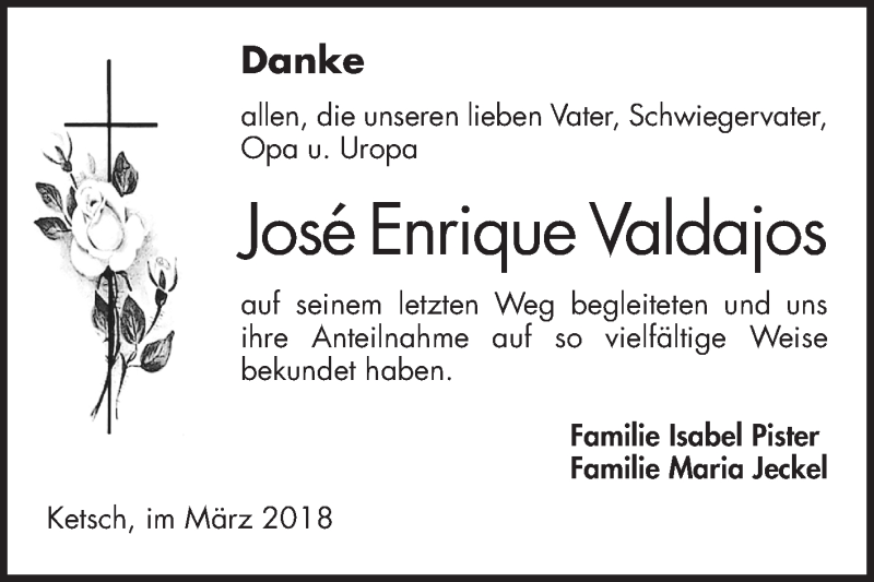  Traueranzeige für Jose Enrique Valdajos vom 03.03.2018 aus Schwetzinger Zeitung