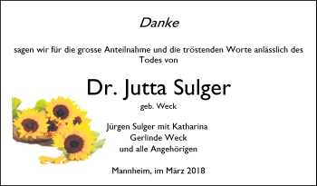 Traueranzeige von Jutta Sulger von Mannheimer Morgen