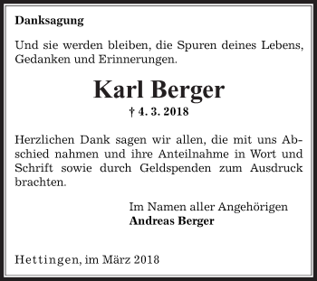 Traueranzeige von Karl Berger von Fränkische Nachrichten