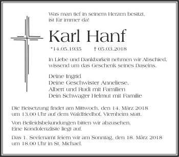 Traueranzeige von Karl Hanf von Mannheimer Morgen