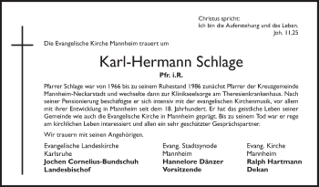 Traueranzeige von Karl-Hermann Schlage von Mannheimer Morgen