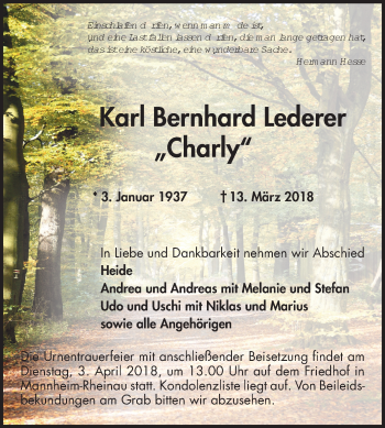 Traueranzeige von Karl Bernhard Lederer von Mannheimer Morgen