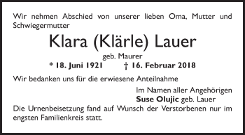 Traueranzeige von Klara Lauer von Mannheimer Morgen