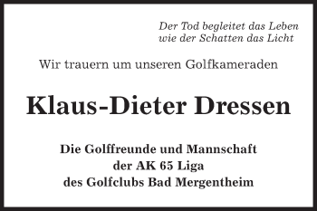 Traueranzeige von Klaus-Dieter Dressen von Fränkische Nachrichten