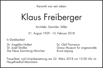 Traueranzeige von Klaus Freiberger von Mannheimer Morgen