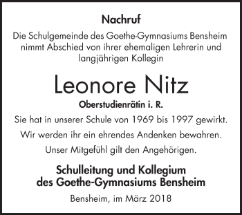 Traueranzeige von Leonore Nitz von Bergsträßer Anzeiger