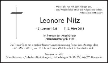 Traueranzeige von Leonore Nitz von Bergsträßer Anzeiger