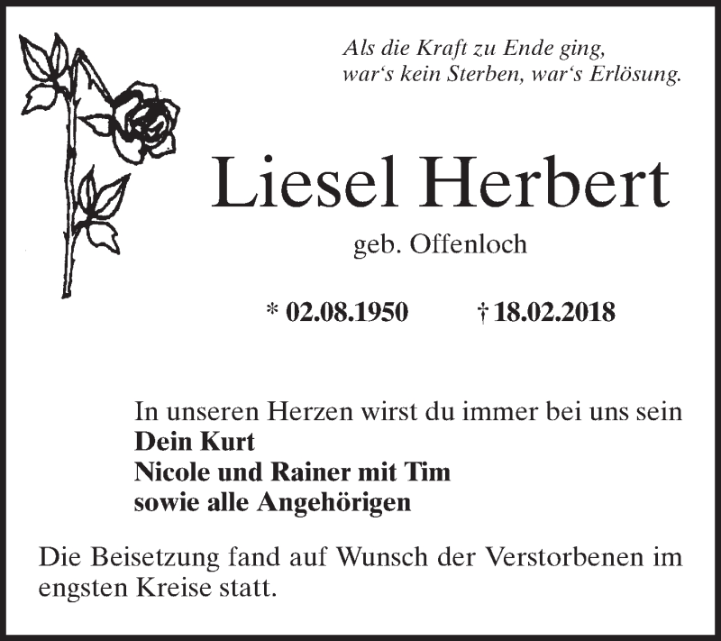  Traueranzeige für Liesel Herbert vom 02.03.2018 aus Mannheimer Morgen