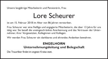 Traueranzeige von Lore Scheurer von Mannheimer Morgen