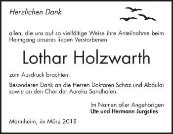 Traueranzeige von Lothar Holzwarth von Mannheimer Morgen