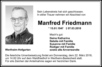 Traueranzeige von Manfred Friedmann von Fränkische Nachrichten