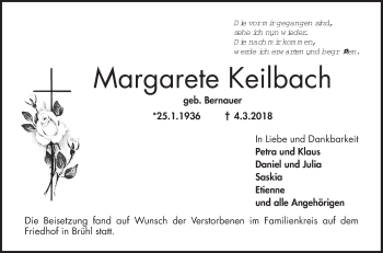 Traueranzeige von Margarete Keilbach von Schwetzinger Zeitung