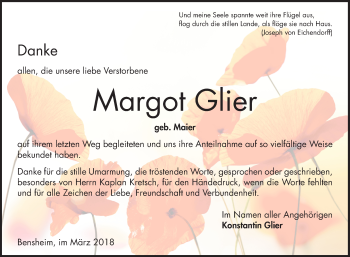 Traueranzeige von Margot Glier von Bergsträßer Anzeiger