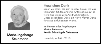 Traueranzeige von Maria-Ingeberga Steinmann von Bergsträßer Anzeiger