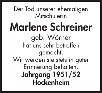 Traueranzeige von Marlene Schreiner von Schwetzinger Zeitung