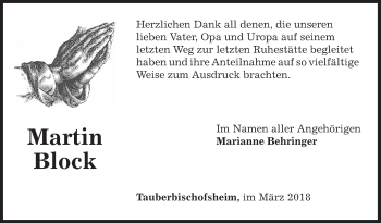 Traueranzeige von Martin Block von Fränkische Nachrichten