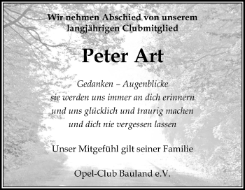 Traueranzeige von Peter Art von Fränkische Nachrichten