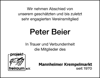 Traueranzeige von Peter Beier von Mannheimer Morgen