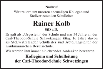 Traueranzeige von Rainer Kolb von Schwetzinger Zeitung