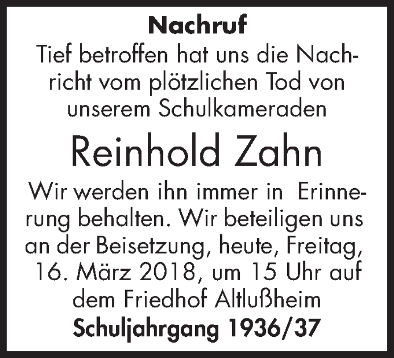  Traueranzeige für Reinhold Zahn vom 16.03.2018 aus Schwetzinger Zeitung