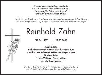 Traueranzeige von Reinhold Zahn von Schwetzinger Zeitung
