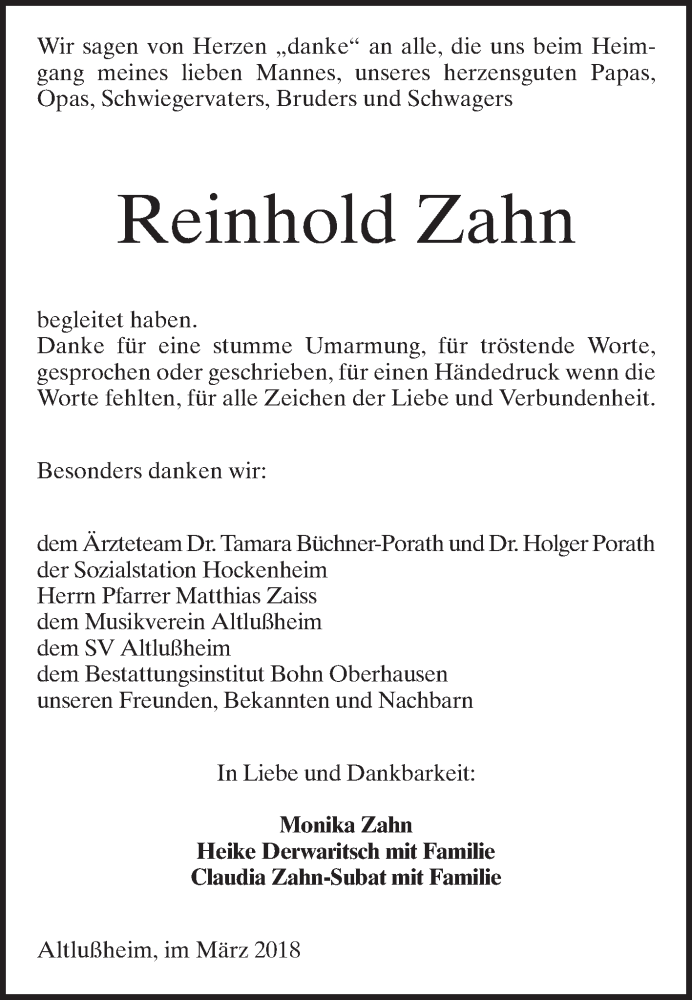  Traueranzeige für Reinhold Zahn vom 23.03.2018 aus Schwetzinger Zeitung