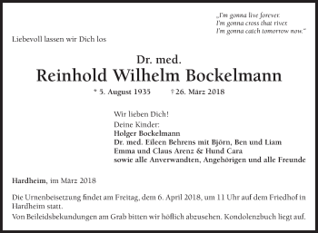 Traueranzeige von Reinhold Wilhelm Bockelmann von Fränkische Nachrichten