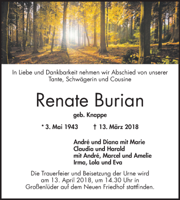 Traueranzeige von Renate Burian von Schwetzinger Zeitung
