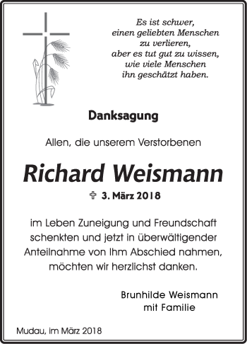 Traueranzeige von Richard Weismann von Fränkische Nachrichten