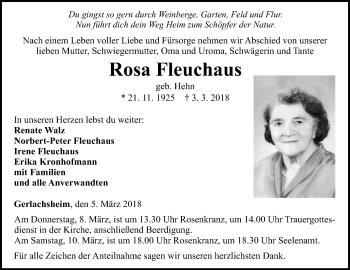 Traueranzeige von Rosa Fleuchaus von Fränkische Nachrichten