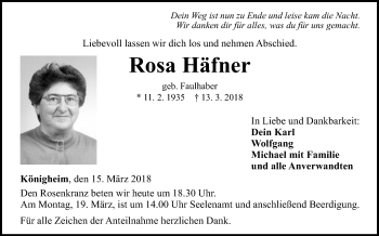Traueranzeige von Rosa Häfner von Fränkische Nachrichten