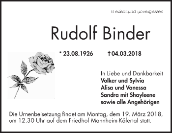 Traueranzeige von Rudolf Binder von Mannheimer Morgen
