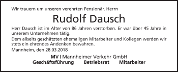 Traueranzeige von Rudolf Dausch von Mannheimer Morgen