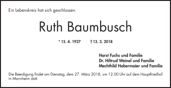 Traueranzeige von Ruth Baumbusch von Mannheimer Morgen