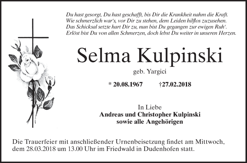  Traueranzeige für Selma Kulpinski vom 24.03.2018 aus Schwetzinger Zeitung