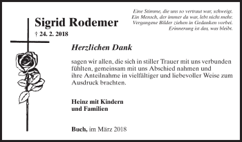 Traueranzeige von Sigrid Rodemer von Fränkische Nachrichten