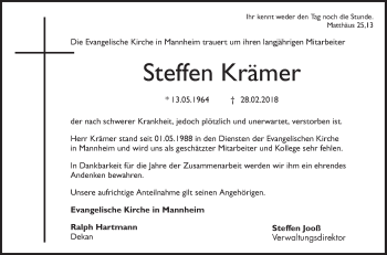 Traueranzeige von Steffen Krämer von Mannheimer Morgen