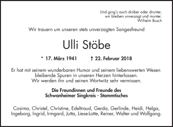 Traueranzeige von Ulli Stöbe von Bergsträßer Anzeiger