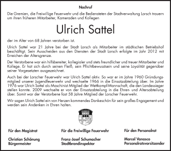 Traueranzeige von Ulrich Sattel von Bergsträßer Anzeiger