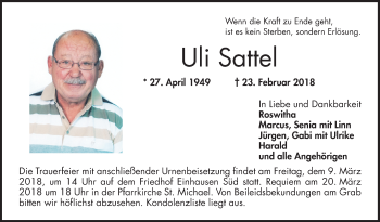 Traueranzeige von Ulrich Sattel von Bergsträßer Anzeiger