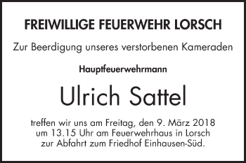 Traueranzeige von Ulrich Sattel von Bergsträßer Anzeiger