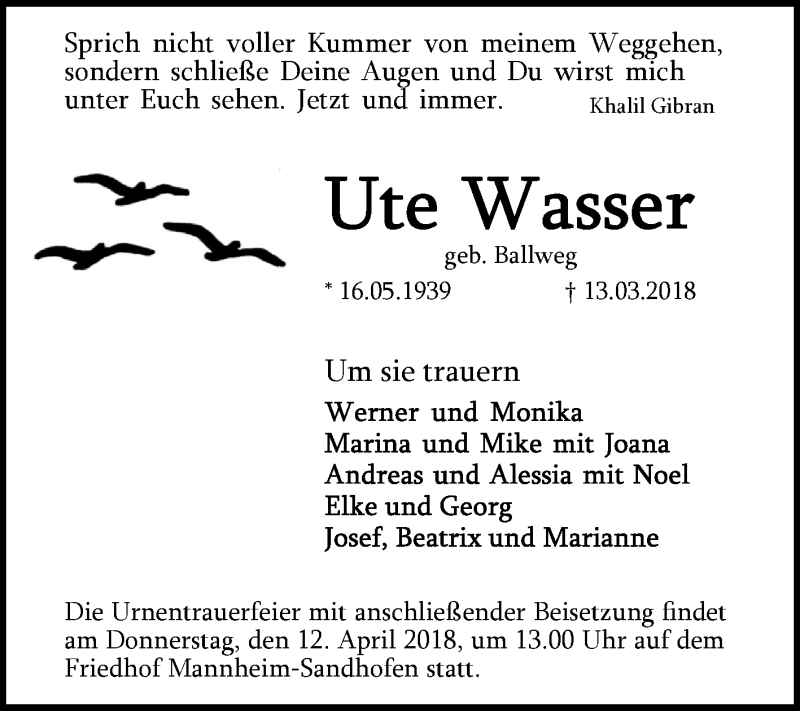  Traueranzeige für Ute Wasser vom 24.03.2018 aus Mannheimer Morgen