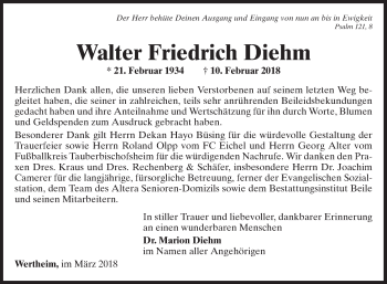 Traueranzeige von Walter Friedrich Diehm von Fränkische Nachrichten