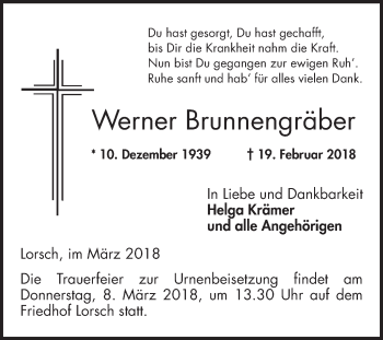 Traueranzeige von Werner Brunnengräber von Bergsträßer Anzeiger