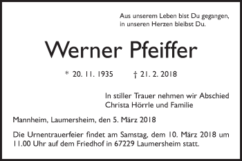 Traueranzeige von Werner Pfeiffer von Mannheimer Morgen